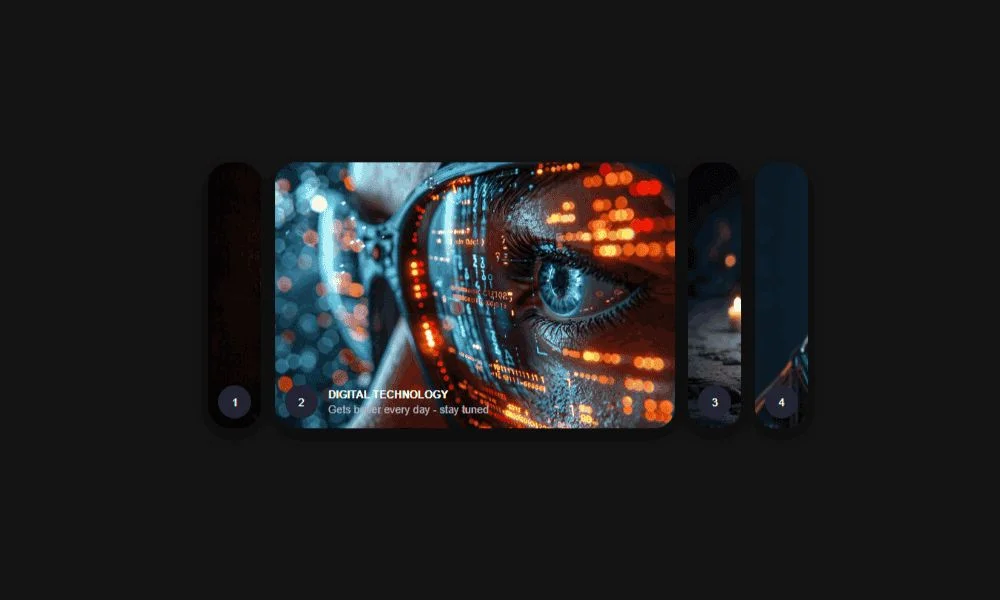 Interface com cartões interativos que expandem ao passar o mouse